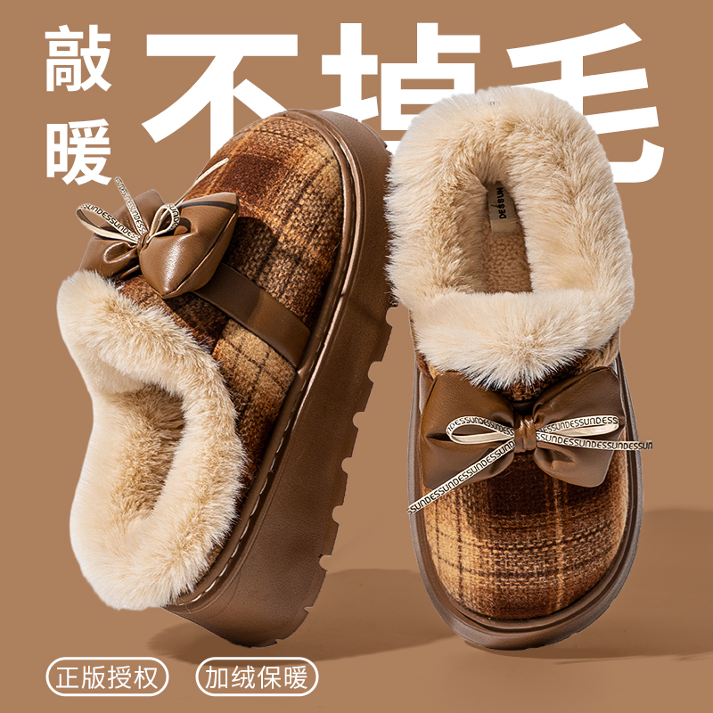 蝴蝶结棉拖鞋女时尚外穿5新冬季室内家居厚底保暖半包跟棉拖|undefined