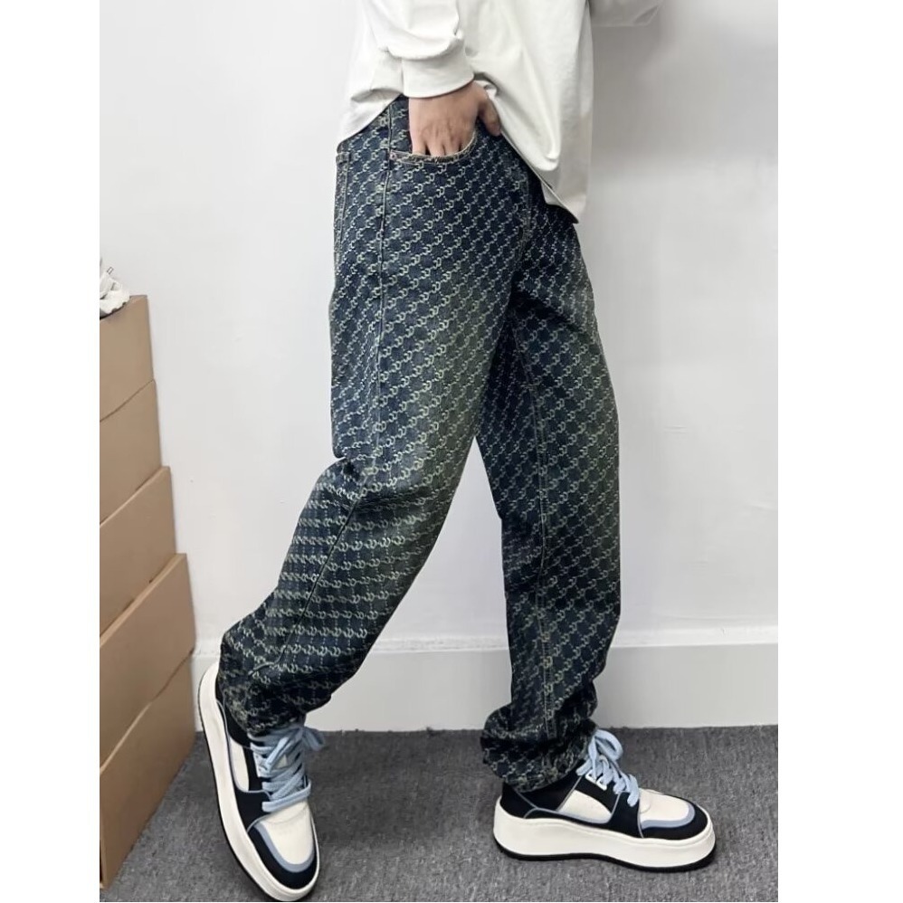 Men's Clothing High End Men's Straight Leg Jeans Streetwear American High Street Style Cool Edgy Vibe Full Print Embroidery_mkmklike.com