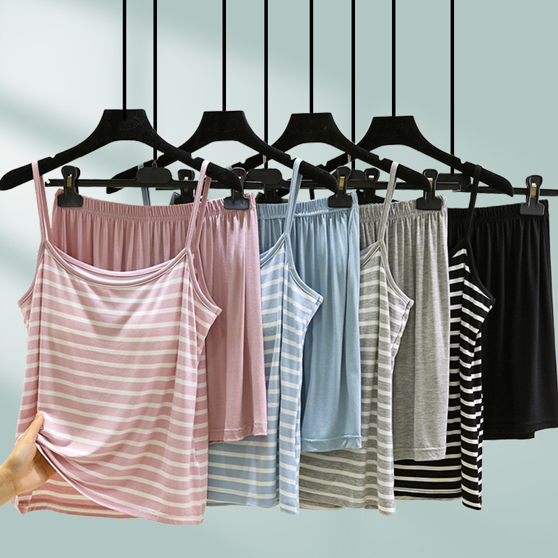 Modal Chest Pad Sling suit Summer Thin Sleeveless Home Clothes Casual plus size Wear-Free Bra Pajamas Two-Piece Set