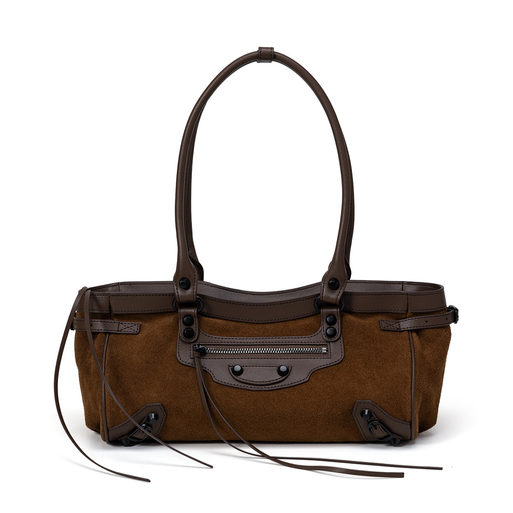New Matte Cowhide Biker Bag Retro Studded Women's Handbag Casual Commuter Shoulder Bag Underarm Tote - Thumbnail 5