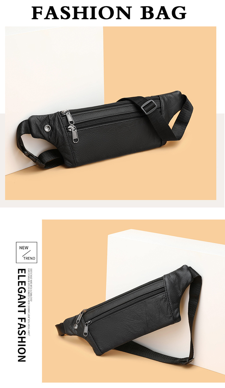 94g Weight Polyester Lining Material Sewing Thread Fashion Element Zipper Closure Type Sling Strap Strap Type Fanny Pack Bags Type Casual Occasion Genuine leather Material Solid Color Pattern All Seasons Season Men's Gender Streetwear Style Square Shape Men's Streetwear Solid Color Genuine Leather Men's Waist Bags 无