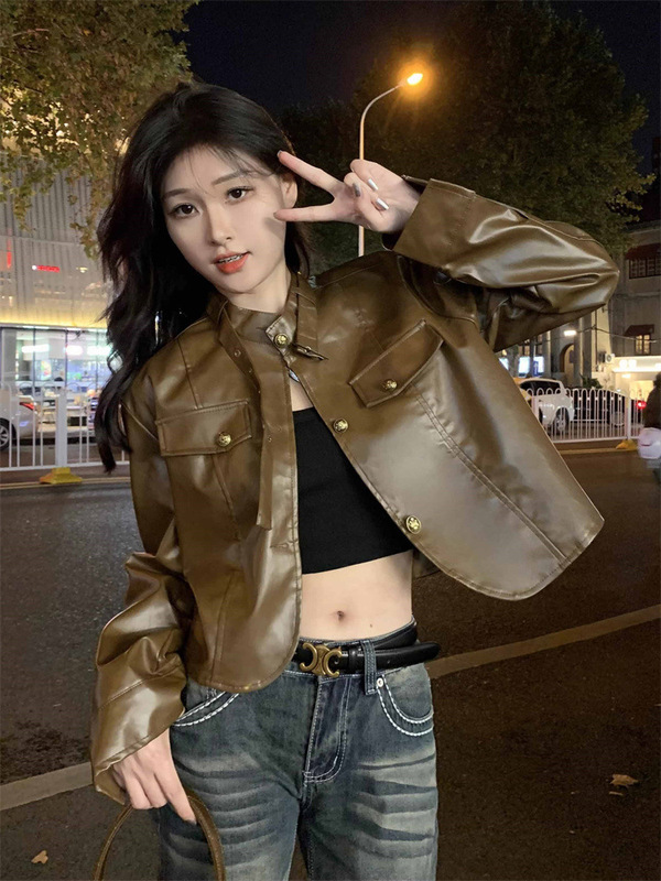 复古港风PU皮衣外套女秋季高街辣妹百搭休闲短款机车服夹克上衣潮|undefined