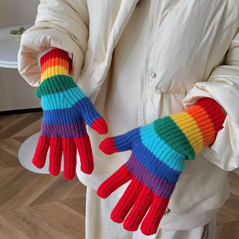 冬季保暖加厚毛線彩虹條紋情侶款可觸屏男女生可愛手套露二指搞怪