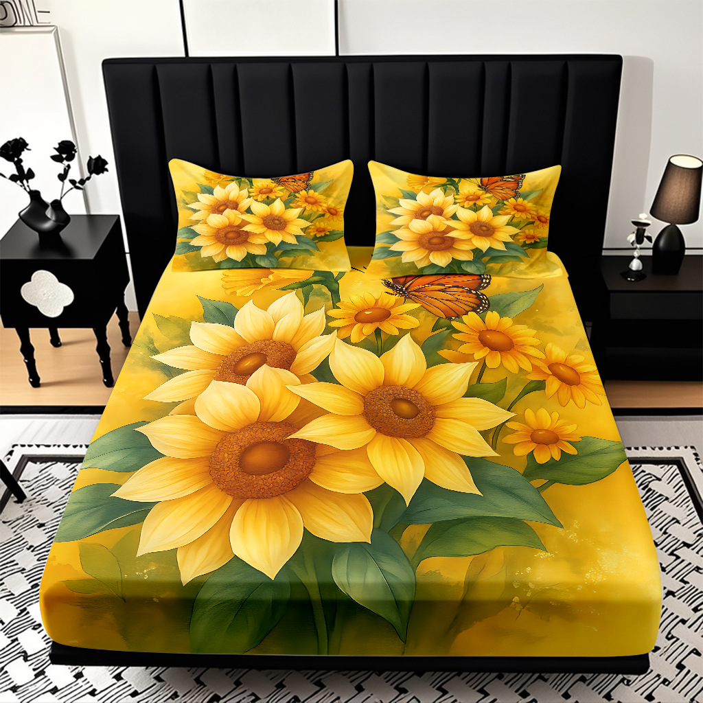 Comercio exterior transfronterizo textil doméstico patrón de girasol impresión digital 3D cama de molienda de tres piezas JIT modelo Temu