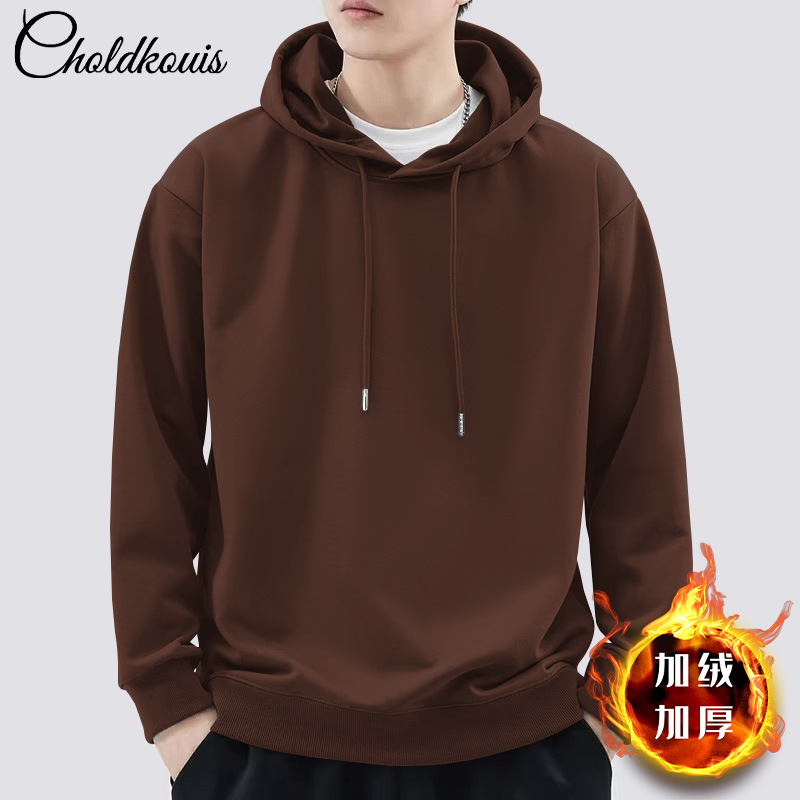 브라운 후드 스웨트셔츠 플러스 벨벳 스타일 - 솔리드 컬러 [GL]