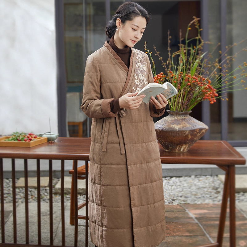 夹棉外套女秋冬绑带加厚长棉衣棉服加棉保暖复古长款茶服A1028