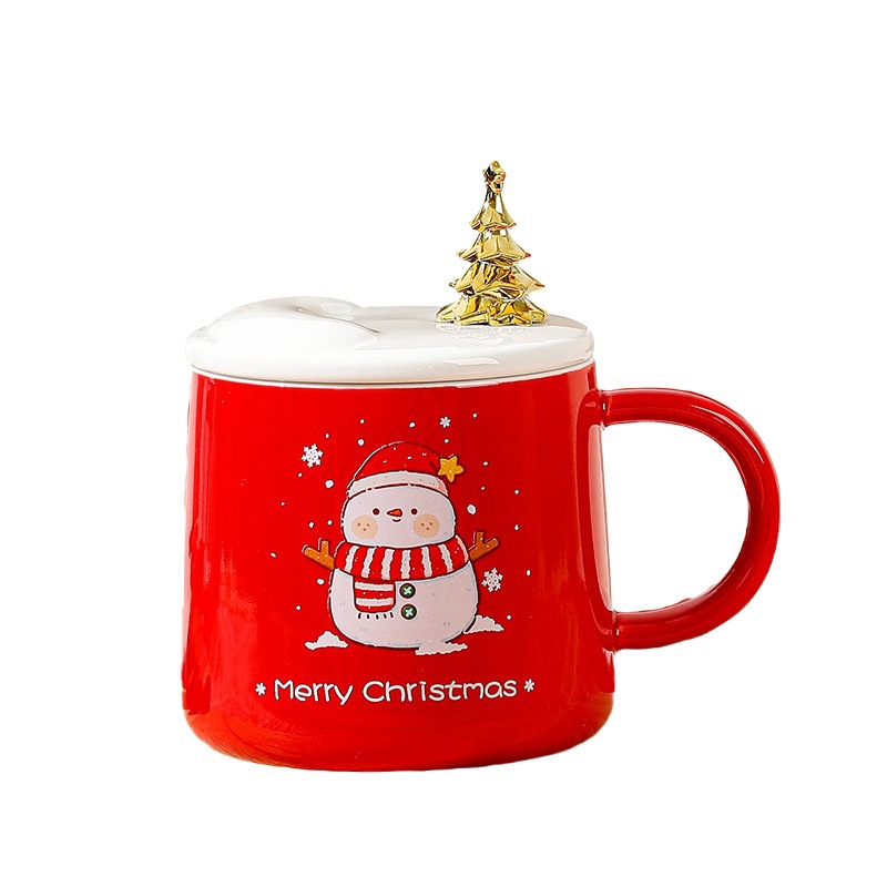 Taza de Navidad con Tapa y Cuchara, Taza de Cerámica para Café y Agua, Regalo Estudiantil Navideño