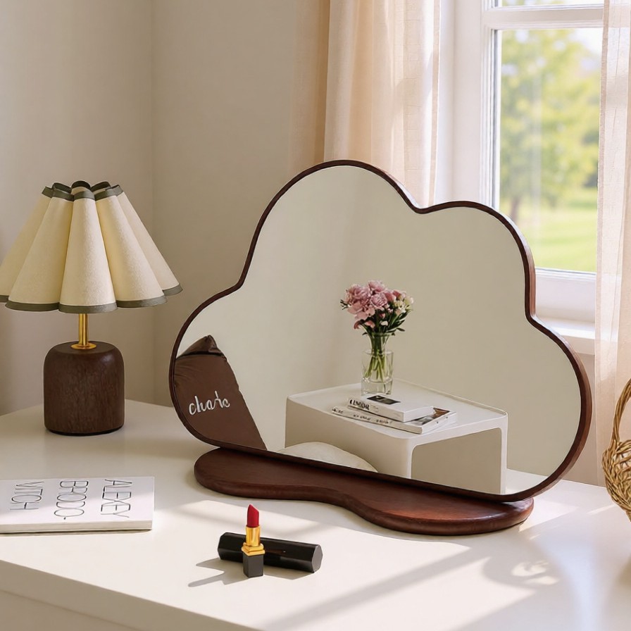 Vintage Cloud-Shaped Makeup Mirror for Home Use, Dressing Table Mirror, Bedroom Desktop High-End Solid Wood Retro Vanity Mirror