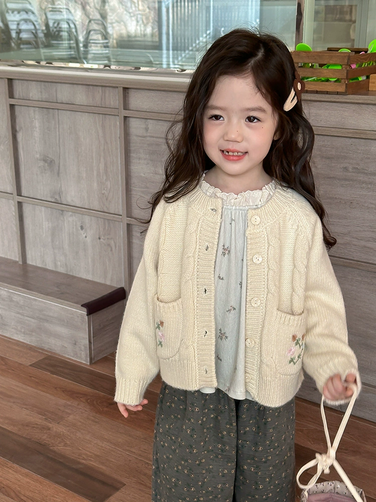 Cute autumn set, children's knitted sweater, body-friendly trousers, french style, floral print, 3 piece set