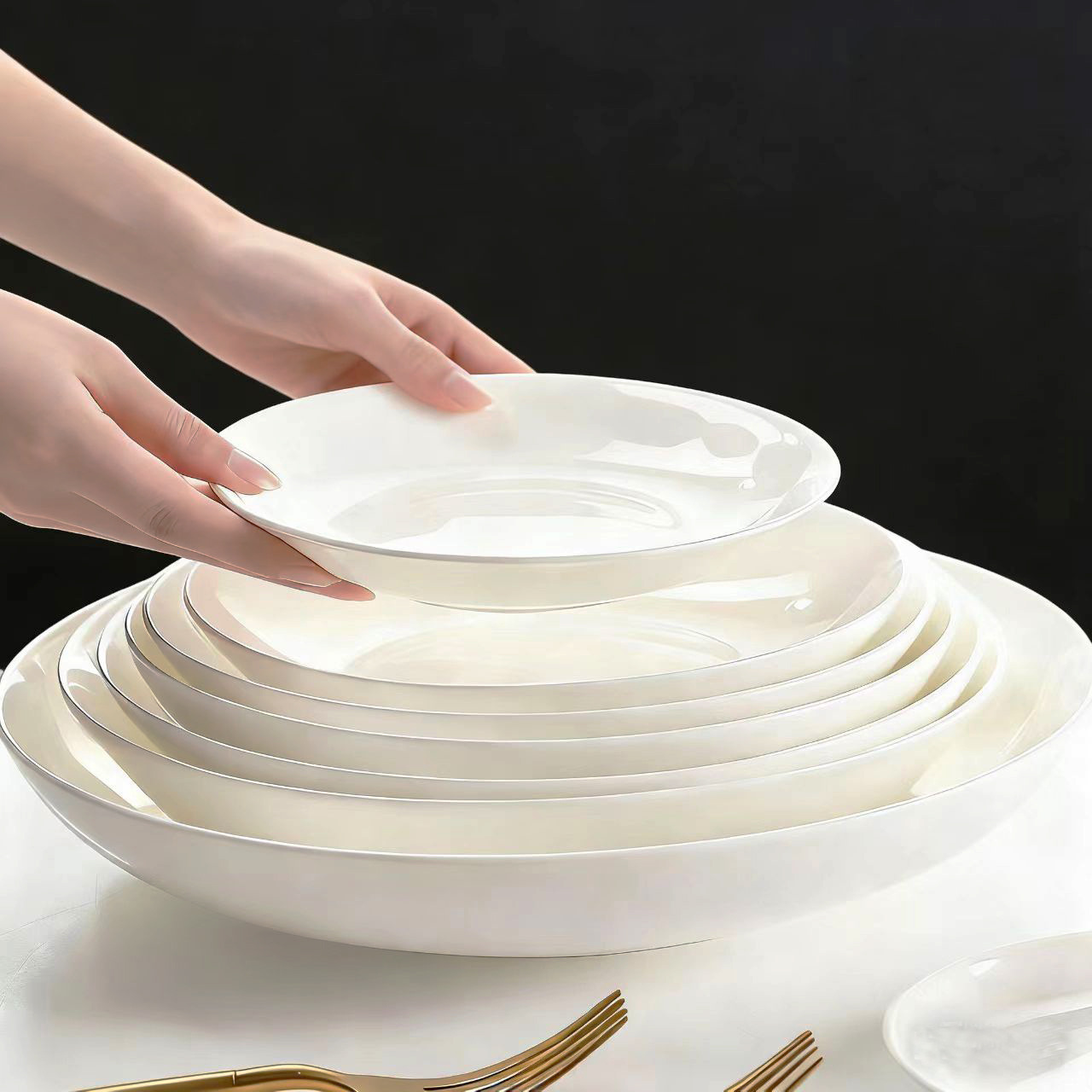 Ceramic Household Simple Pure White Deep Dish Soup Plate Microwave White Porcelain Tableware Hotel Restaurant Disc Bone China Plate