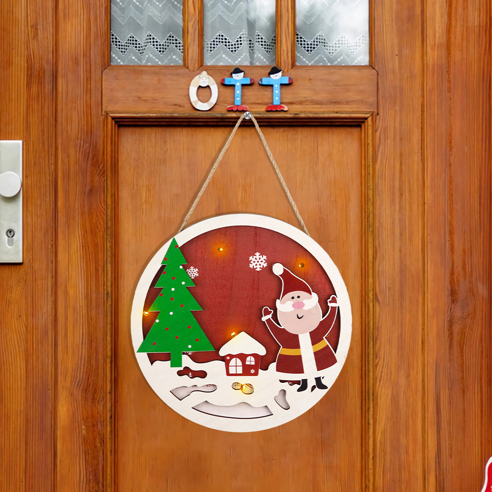 Letrero de madera navideño para puerta, colgante de dibujos animados de Papá Noel y muñeco de nieve, decoración para fiesta de Navidad, luz LED brillante, letrero de madera de doble capa