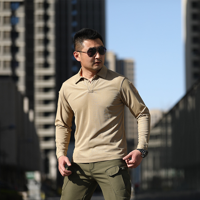 Camouflage T-shirt for Men, Loose Large Size Tactical Long Sleeve Stretch Sweat Absorbent Military Style Training T-shirt with Collar for Spring and Autumn