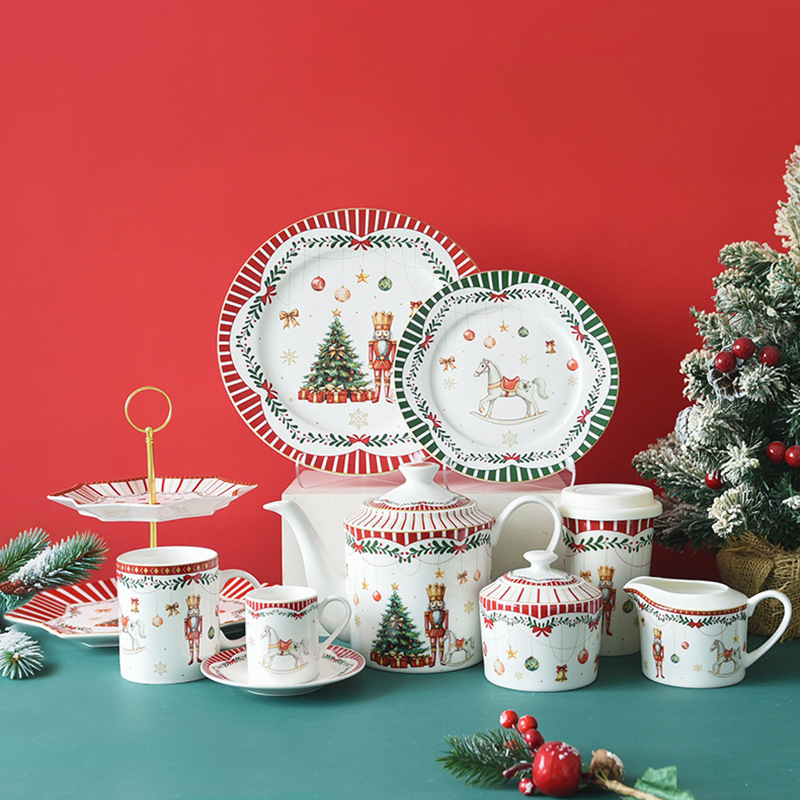 Christmas Nutcracker Ceramic Dinnerware Set for Home Use, Dessert Plate, Bowl, Mug, Atmospheric Western Dinner Plate, Coffee Cup