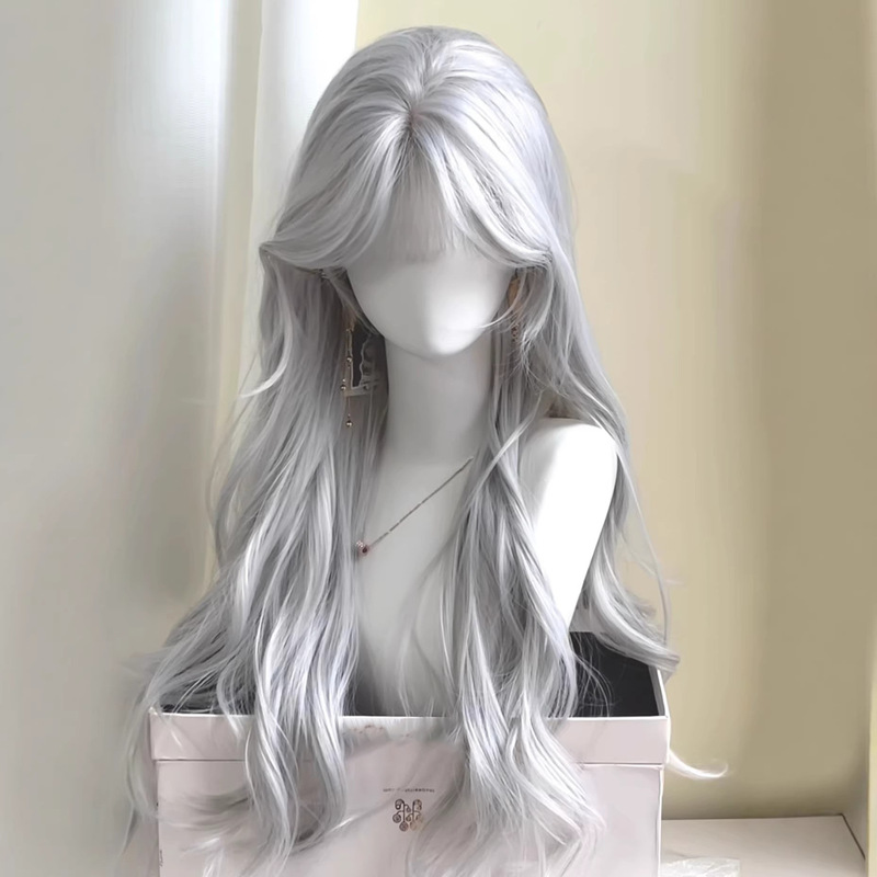 Wig for Women, Silver-Gray, with Bangs, Long Curly Hair, Big Waves, Lolita Style, Natural Full Wig, Fashionable Synthetic Hair, Full Head Cover Wig for Women, Silver-Gray, with Bangs, Long Curly Hair, Big Waves, Lolita Style, Natural Full Wig, Fashionable Synthetic Hair, Full Head Cover