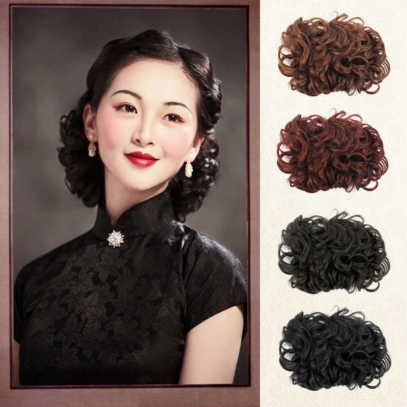 Qipao Wig Hair Bun, Flower-Shaped Bun, Bridal Updo, Curly Hair Bun, Realistic Human Hair Wig Bun Qipao Wig Hair Bun, Flower-Shaped Bun, Bridal Updo, Curly Hair Bun, Realistic Human Hair Wig Bun