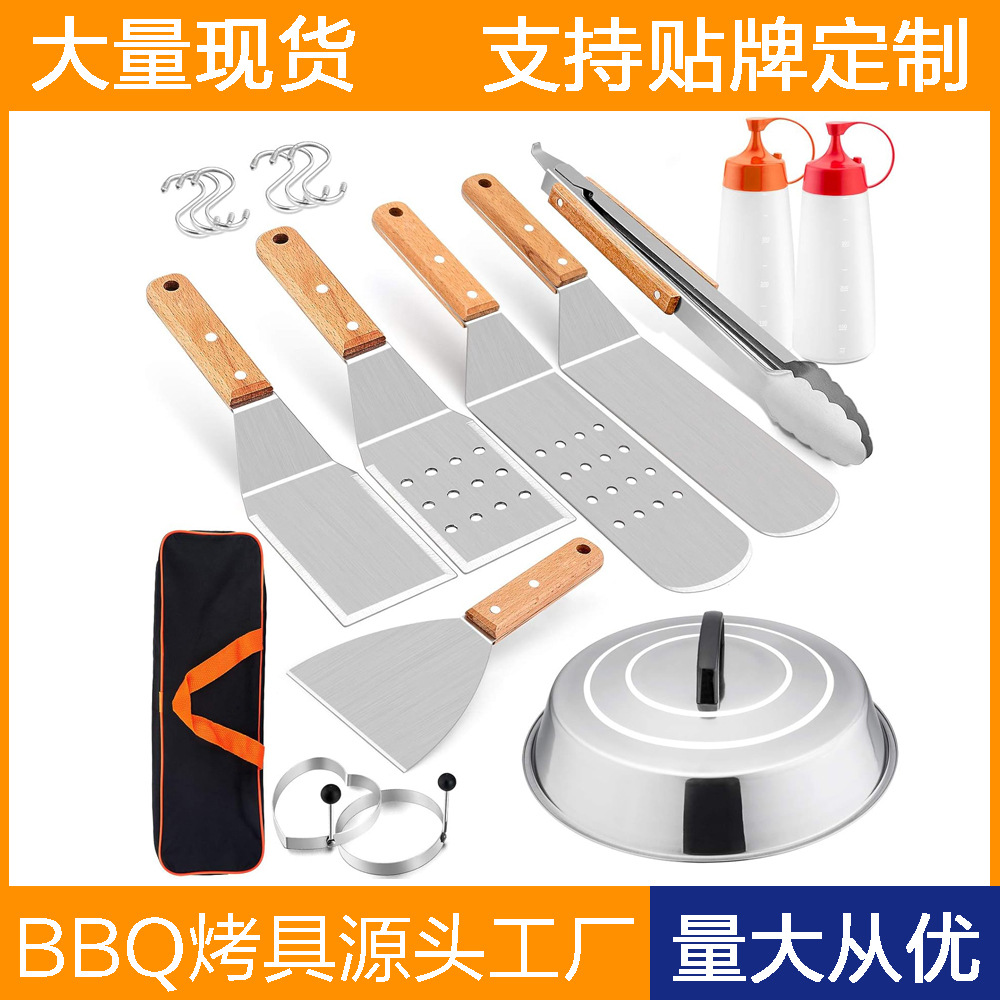 Amazon Hot Sale Set BBQ al aire libre Mango de madera Teppanyaki cocina hamburguesa carne de hamburguesas herramientas combinadas
