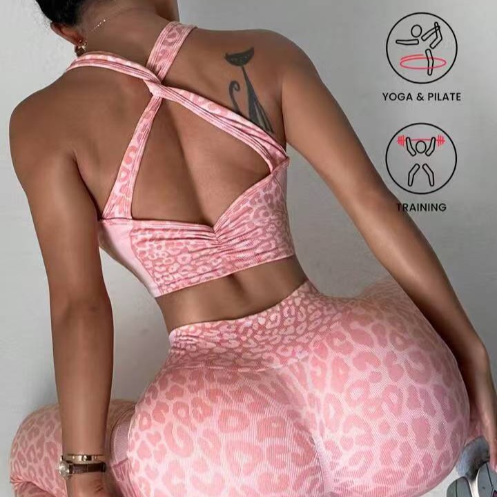 Women's 2-Piece Fitness Yoga Outfit Leopard Print Seamless Cross Bra And Panties Set Back Pleated Sports Set Outdoor_voghion.com