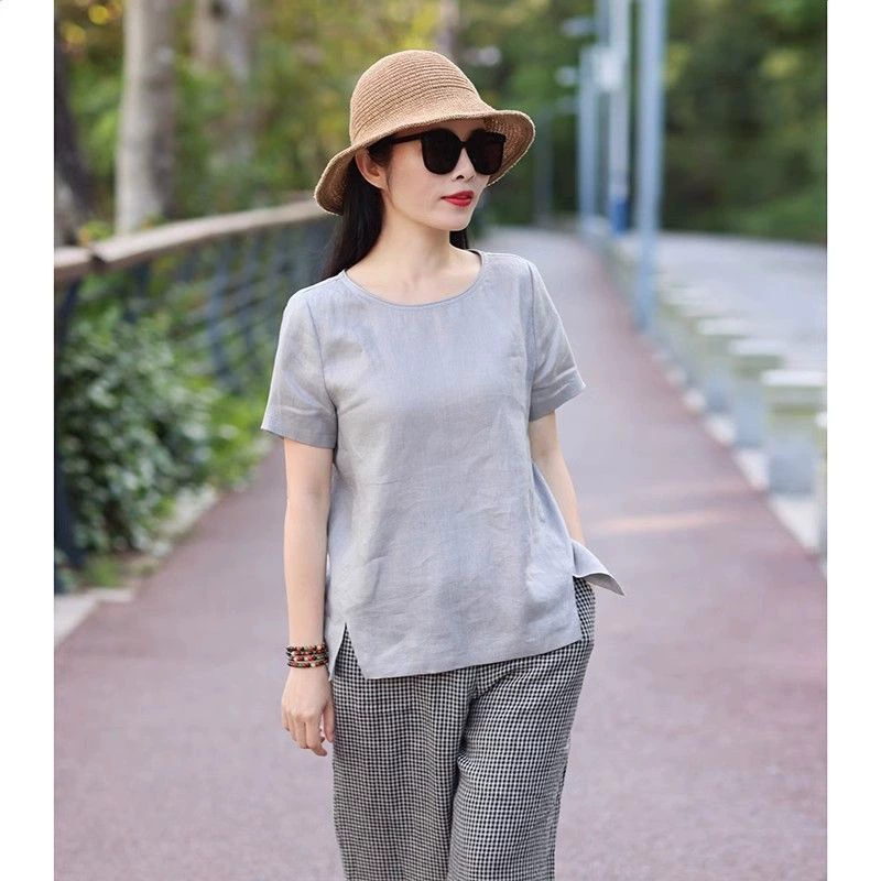Сплошная футболка с короткими рукавами, летняя новая рубашка из хлопка и льна
