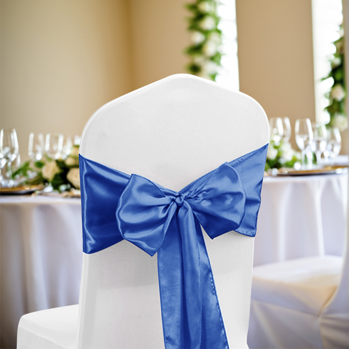 Accesorios de lazo de flor de respaldo de silla de satén de cinco bellezas transfronterizas Suministros generales de decoración de boda Funda de silla elástica Decoración de lazo