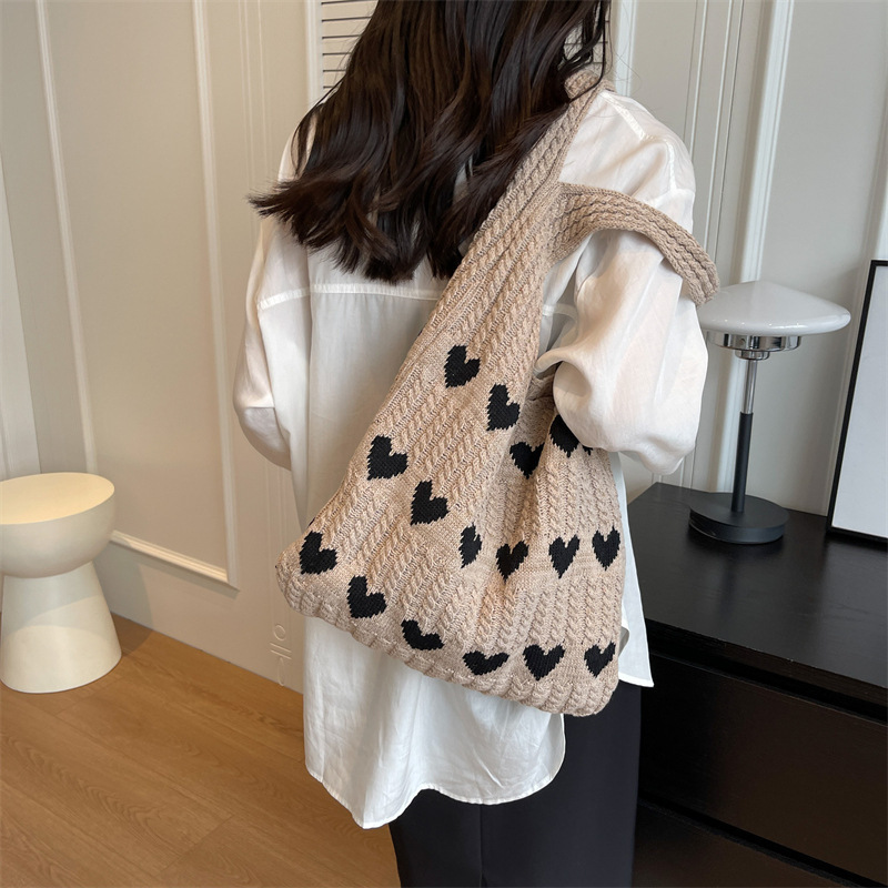 Bolso Tote de amor de punto Mori transfronterizo de alta calidad, lana exquisita, bolso de compras femenino de un solo hombro fresco y simple de moda image 3
