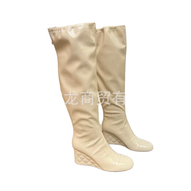 高端2025小香坡跟弹力靴过膝长筒靴后拉链亮面羊皮字母高筒瘦瘦靴|undefined