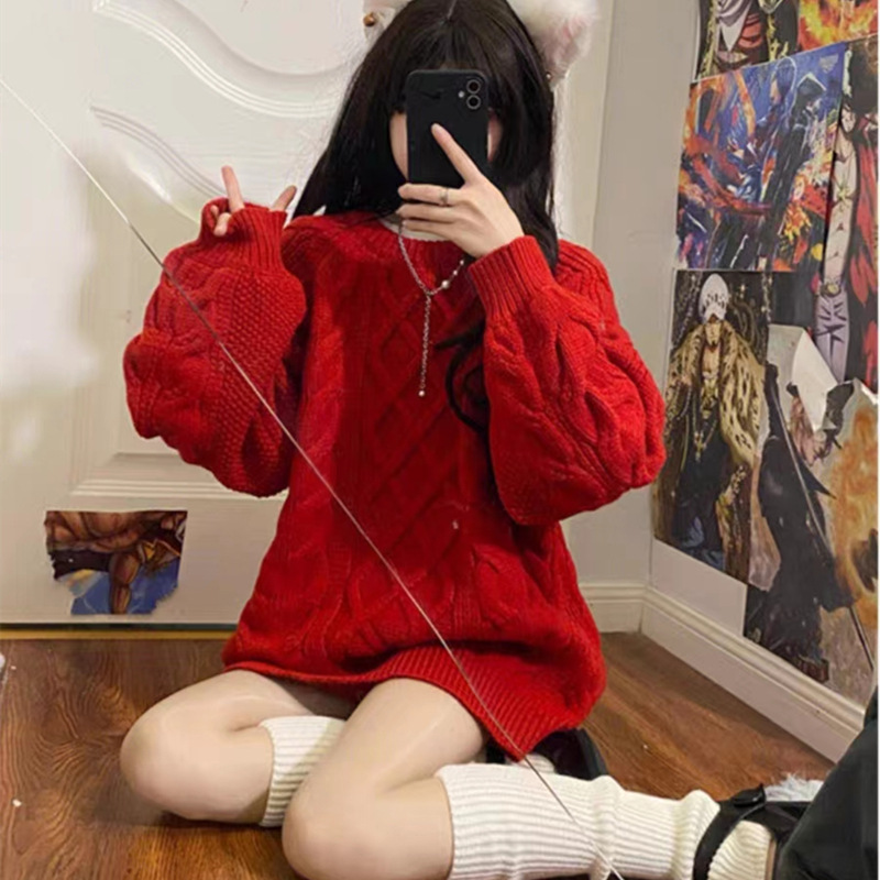 粗线麻花毛衣女加厚中长款年新款秋冬百搭宽松慵懒风线衣外套