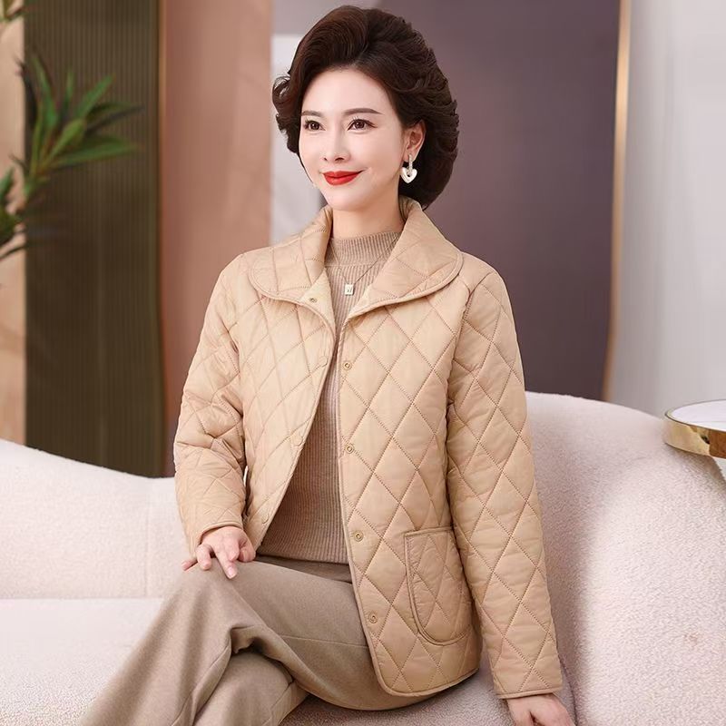 加厚保暖棉衣女娃娃领尼丝纺长袖外套冬季新款菱形格子加绒妈妈棉|undefined