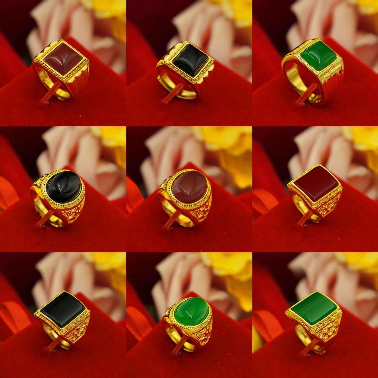 Generous small square oval men's ring gold-plated ring inlaid with obsidian gold men's stall supply agate manufacturers wholesale