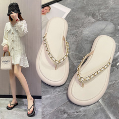 Summer new arrival chunky heel flip-flops women's chain comfortable flat casual sandals Korean style versatile soft-soled beach shoes