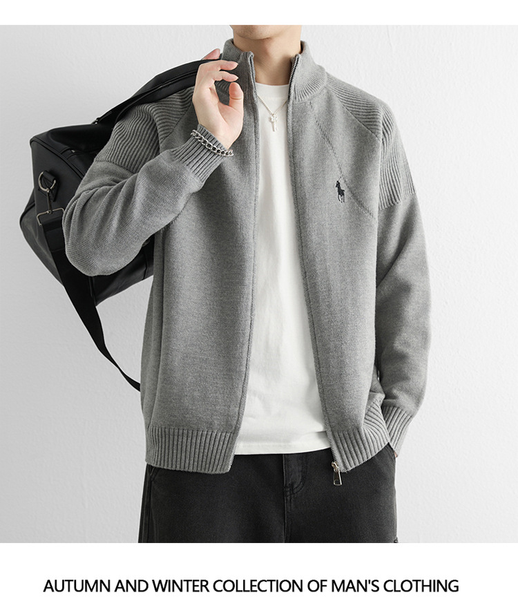 Gilet cardigan homme à double fermeture éclair, logo équitation tendance, col montant, maille haut de gamme, style business_voghion.com