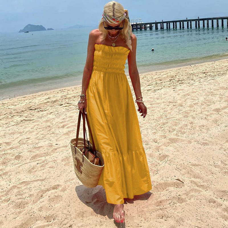 Women's A-line Skirt Tropical Strapless Backless Sleeveless Solid Color Maxi Long Dress Travel Beach display picture 8