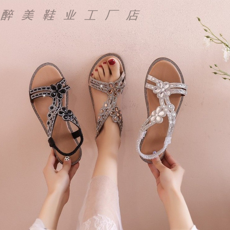 women shoes新款工型水钻花朵凉鞋跨境大码女凉鞋旅行出游坡跟鞋