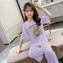 儿童睡衣女童夏短袖七分裤薄款卡通可爱小女孩空调家居服套装
