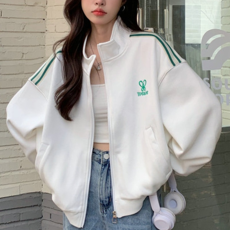 美式棒球服女春秋季百搭宽松bf风运动休闲白色立领短款夹克外套潮|undefined
