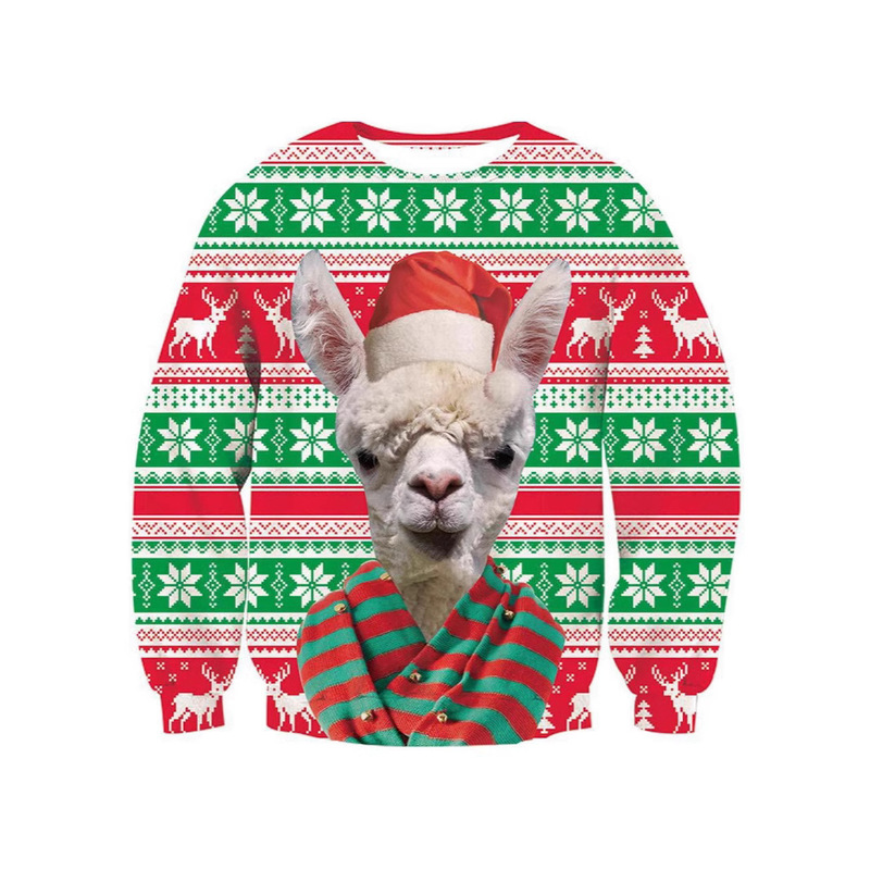 2026 Christmas Alpaca Crew Neck Sweatshirt, Christmas Hat Cartoon Animal Print, Loose Pullover Top for Festive Atmosphere 2026 Christmas Alpaca Crew Neck Sweatshirt, Christmas Hat Cartoon Animal Print, Loose Pullover Top for Festive Atmosphere