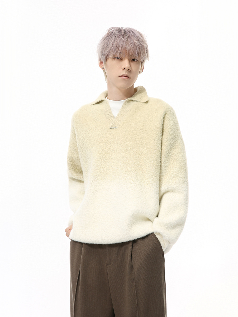 MTLCLOTHES Hombres| Nuevo invierno coreano pequeño cuello en V de color gradiente de moda con solapa suave suéter de cabeza pegajosa