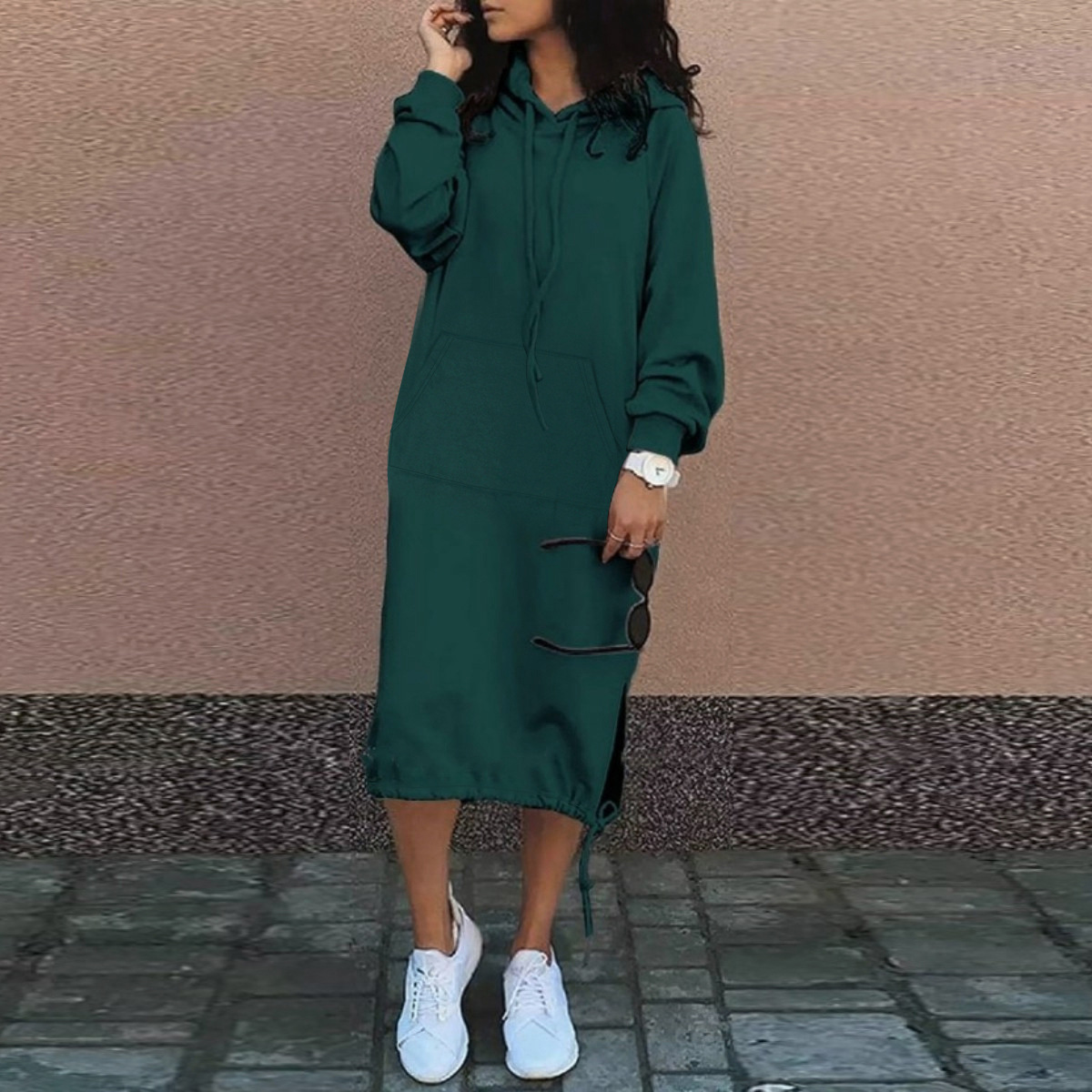 Autumn Winter Long Lace up Hem Dress Hooded Sweater Midi Dress for Women