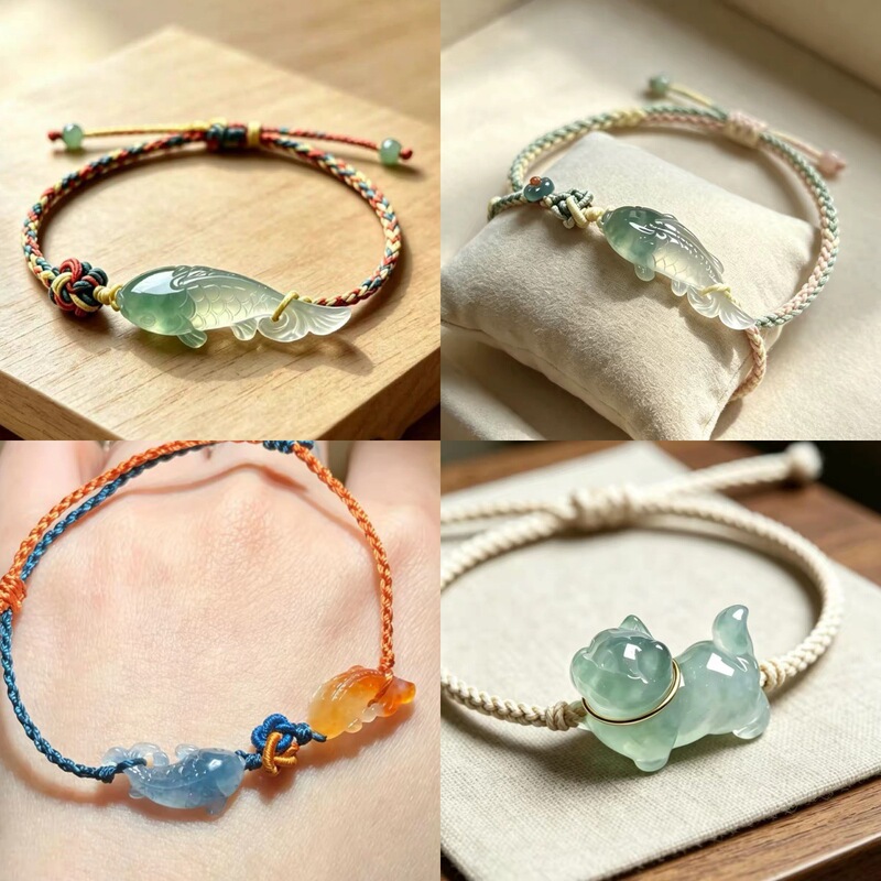 New Chinese-style trendy ice-clear koi fish and lucky cat bracelet, hand-woven, faux chalcedony, adjustable pull-string jewelry New Chinese-style trendy ice-clear koi fish and lucky cat bracelet, hand-woven, faux chalcedony, adjustable pull-string jewelry