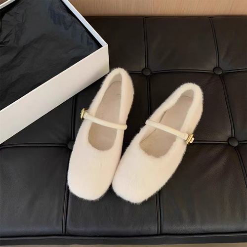 Flat Mary Jane Plush Booties with One Strap, Low-top Square Button Winter Fleece Women's Shoes with Thick Sole