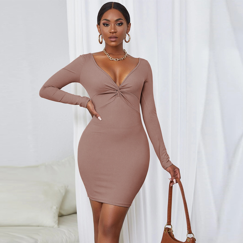 Women's V-Neck Long-Sleeve Solid Color Bodycon Dress