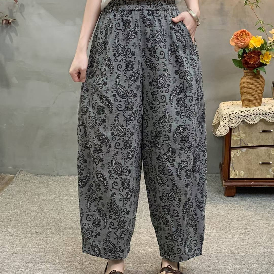 2025夏季棉麻松紧腰印花百搭文艺松紧腰抽绳女士九分小脚裤