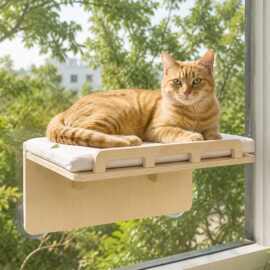 跨境新款窗户飘窗猫吊床免打孔墙壁式悬挂式实木猫猫窝吸盘猫跳台