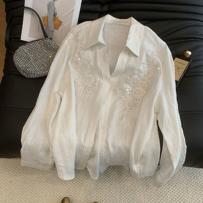 White Long-Sleeve Shirt with Heavy Sequin Embroidery, 2026 New Style, Loose and Fashionable, Slimming Design