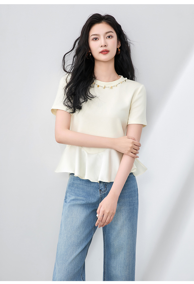 Áo thun nữ cổ tròn tay ngắn đính kim cương viền bèo nhún kiểu Pháp — Màu đen chi tiết 13