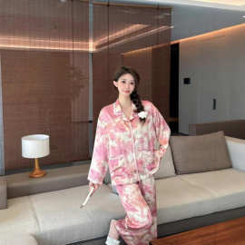 蜜桃果茶网红风睡衣女春秋款冰丝长袖蕾丝花边甜美家居服外穿