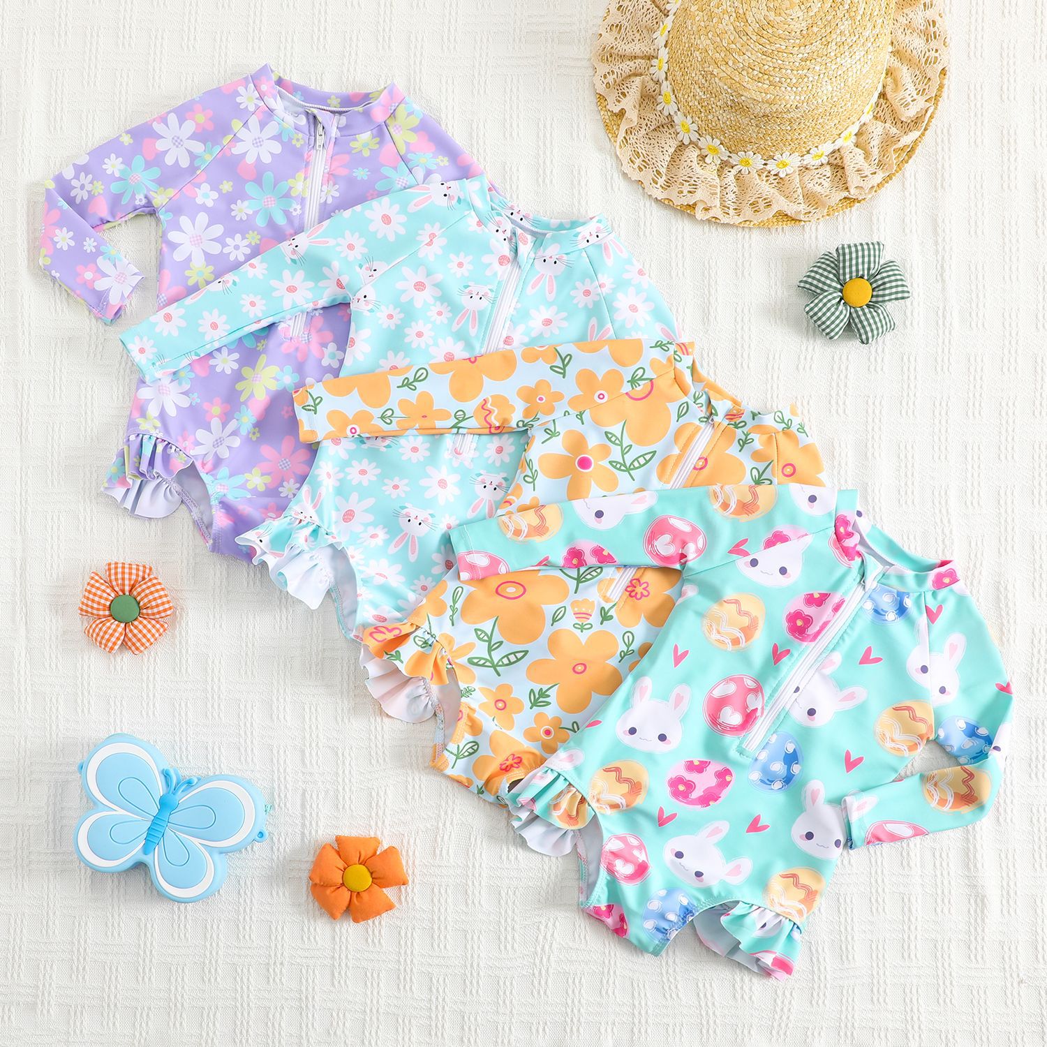 Ins Girls South Korea Long Sleeve Swimsuit Cute Rabbit Flower Pattern Zipper Design Sun Protection Swimsuit