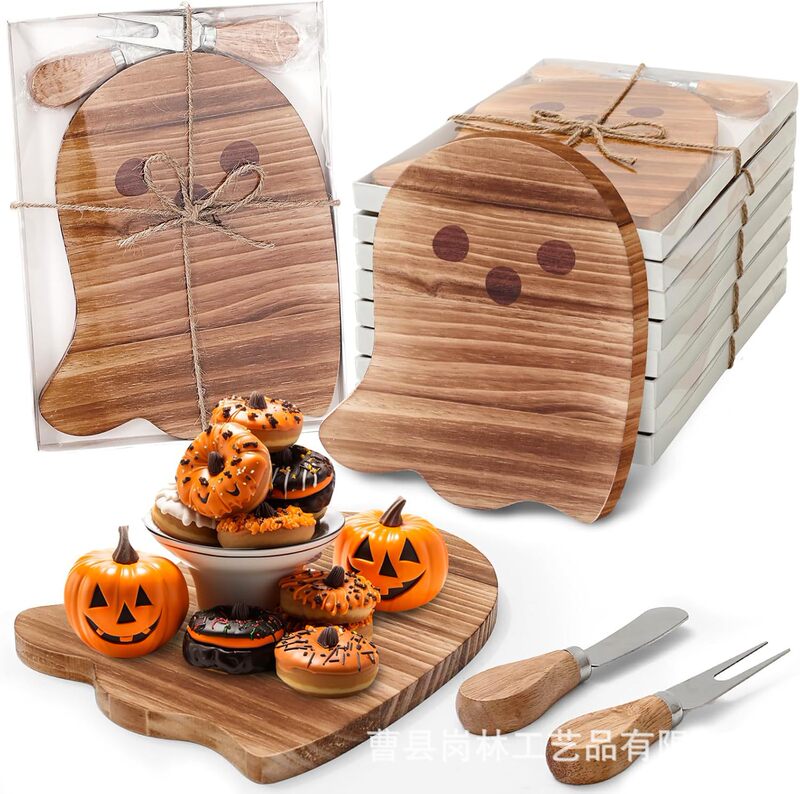 Halloween Ghost Wooden Tray Set with Cutlery and Snacks, Wooden Plate for Holiday Party Gift Box, Cross-Border Wholesale Halloween Ghost Wooden Tray Set with Cutlery and Snacks, Wooden Plate for Holiday Party Gift Box, Cross-Border Wholesale