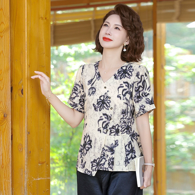 День матери мама женщина лето новый темперамент среднего возраста с V-образным вырезом шифоновый короткий рукав минус возраст тощий топ