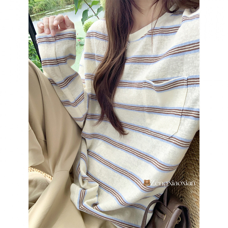 韩系百搭蓝白条纹长袖T恤女装早秋休闲宽松打底衫慵懒松弛感上衣|undefined
