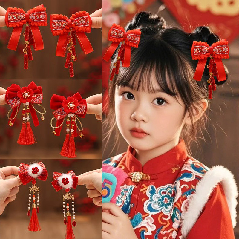 new year red children‘s bow barrettes girls‘ ancient style new year headdress chinese style han costume festive hairpin hair ornaments